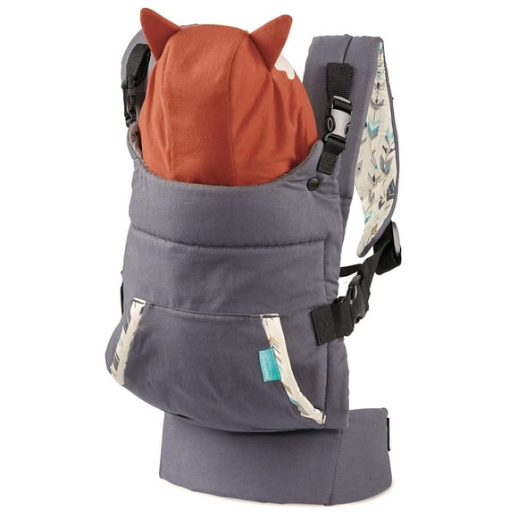 Infantino Cuddle Up Carrier - Portabebés ergonómico con temática de zorro, frontal y trasero con capucha extraíble para bebés y niños pequeños de 12 a 40 libras