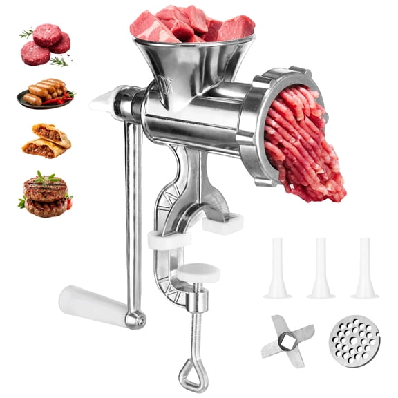 Multi-Function Hand Meat Grinder for Home Use, Manual Metal Meat Mincer with 3 Sausage Funnels, Hand Operated Kitchen Tool for Pork, Chili, and Sausage, Silver