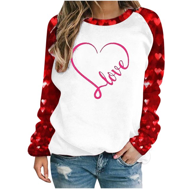 VALMASS Chandails en Molleton à Col Rond pour Femmes de la Saint-Valentin Manches Raglan Hauts Décontractés Mode Imprimé Cœur Pull Blouses (2TG, B Rouge)