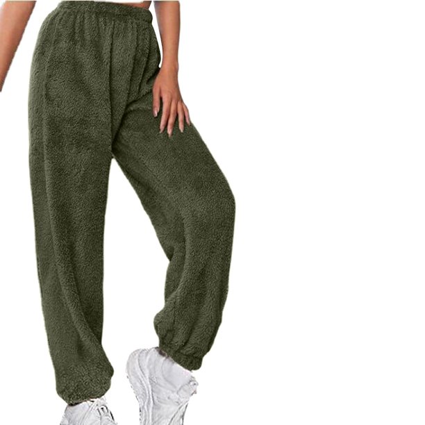 Gibobby Pantalones para mujer para el frío Otoño e Invierno de las mujeres de Color sólido de moda con bolsillos de felpa Casual pantalones sueltos relajantes(Verde,G)
