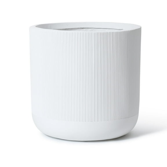 Round Ceramic Planter Pot - 17.3" White Striped Indoor Outdoor Plant Container with Drainage
