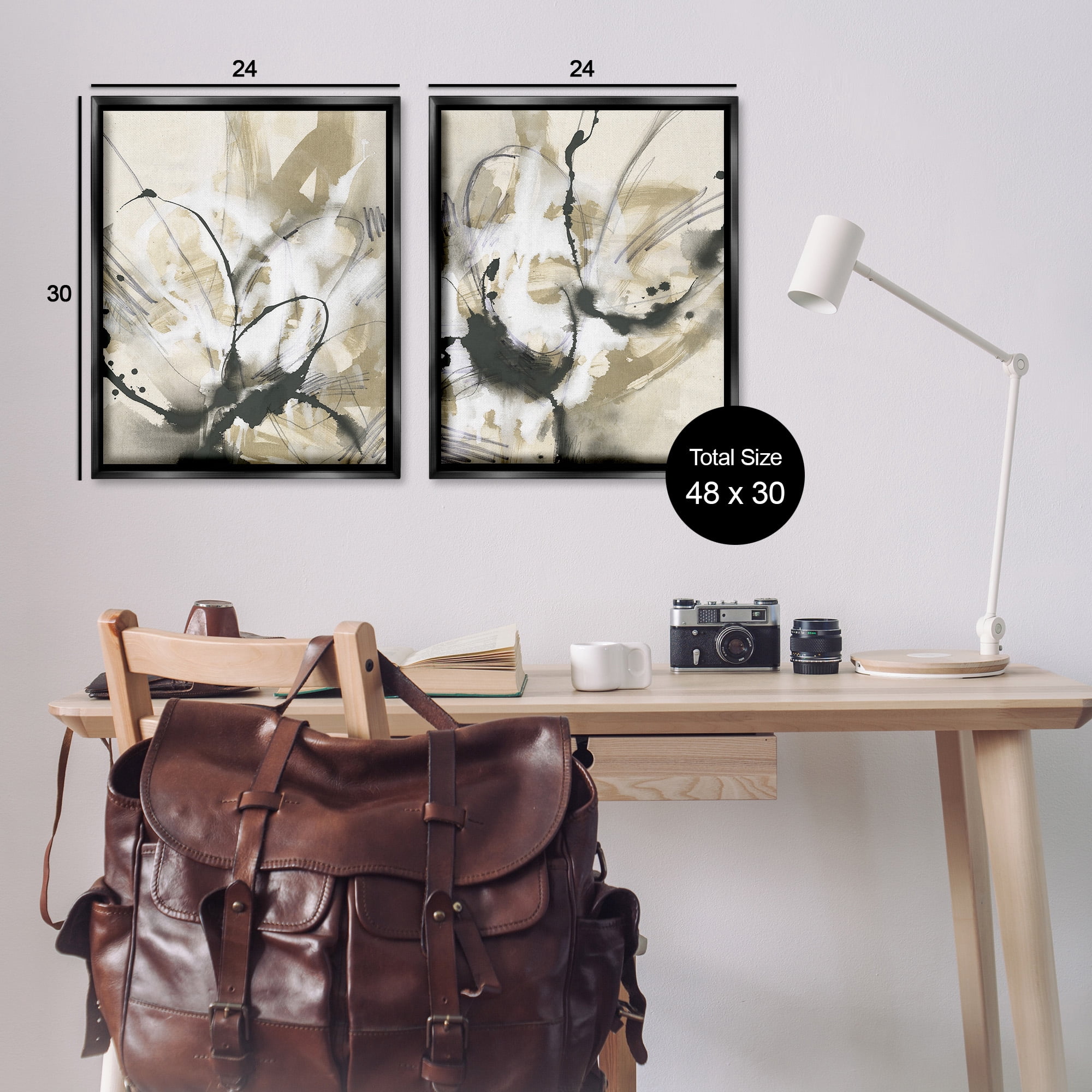 Stupell Industries Beige & Black Splatter Abstract Painting Black Floater Framed Canvas Art Print Wall Art, 25 x 31, Set of 2