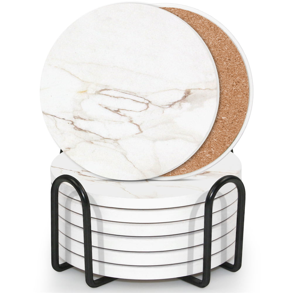 6pcs Ceramic Drink Coasters w/ Holder Absorbent Stone Coaster Marble Surface Pad 