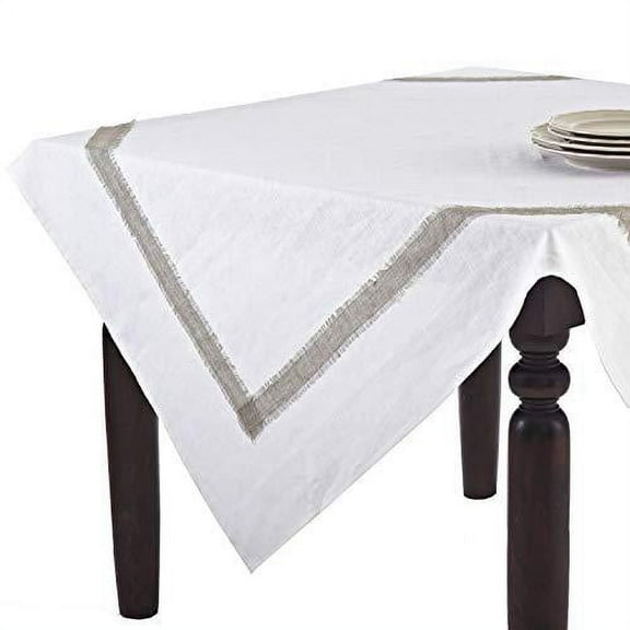 fenncostyles.com White Crisp Natural Banded Rectangular Table Runner, 100% Linen