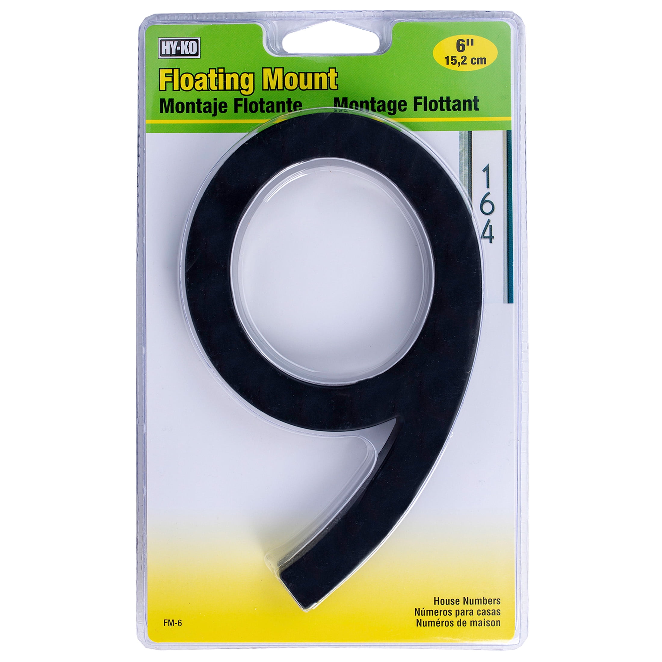 (3 pack) HY-KO 6" Black Floating Mount House Number 9
