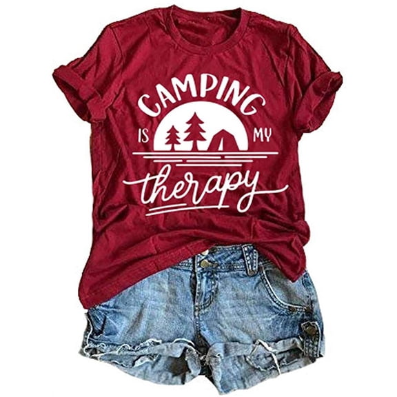 YourTops Women Camping is My Therapy T-Shirt Tee Graphic Camper T-Shirt (US L, Wine Red)