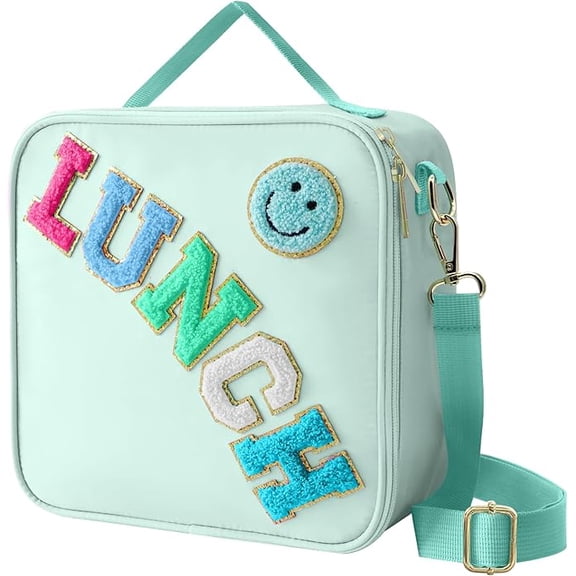 Insulated Lunch Bag With Adjustable Shoulder Strap, Nylon Lunch Box Large Insulated Lunch Bag Reusable Lunch Tote Bag with Smiley Preppy LunchBag for People School Travel Picnic (Green)