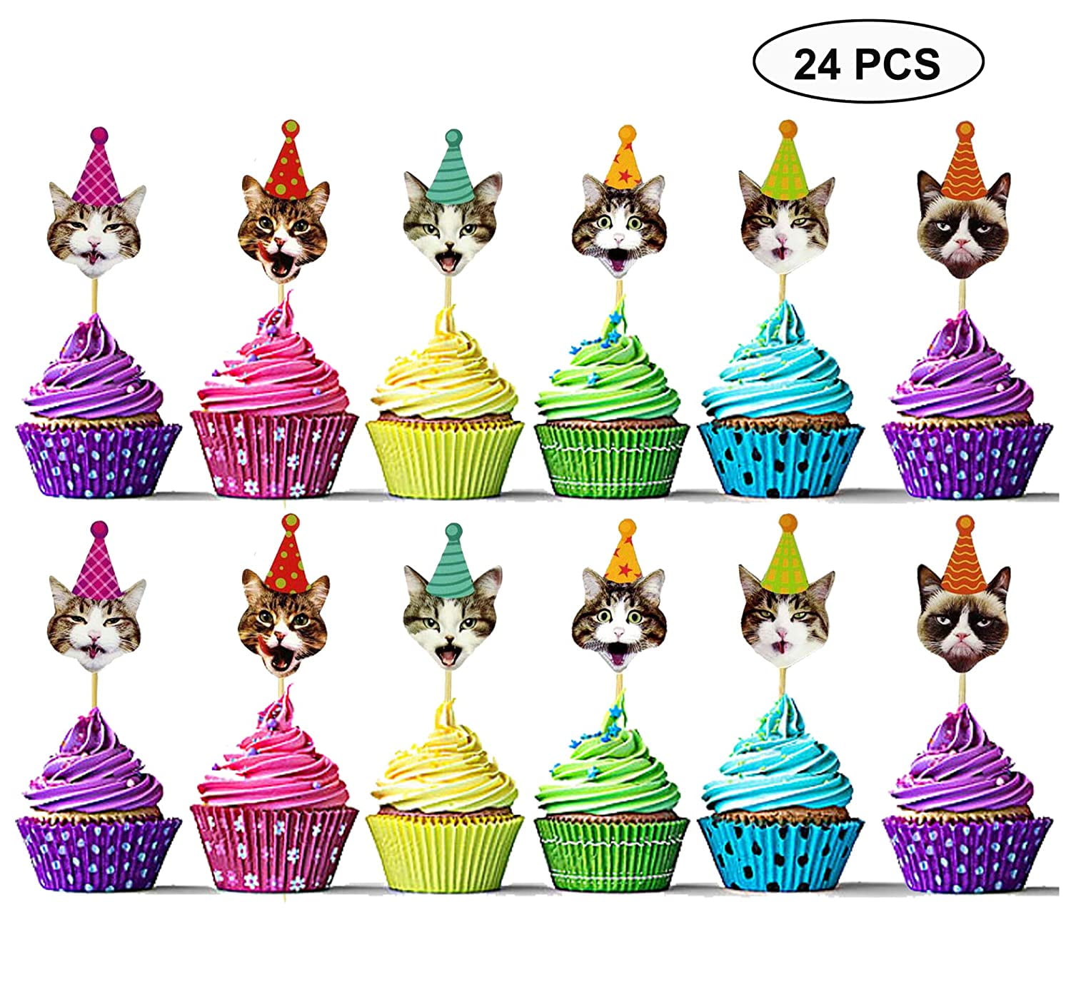 24pcs cat cupcake toppers picks birthday party decoration kids favors christmas# 24pcs cat cupcake toppers picks birthday party decoration kids favors christmas#