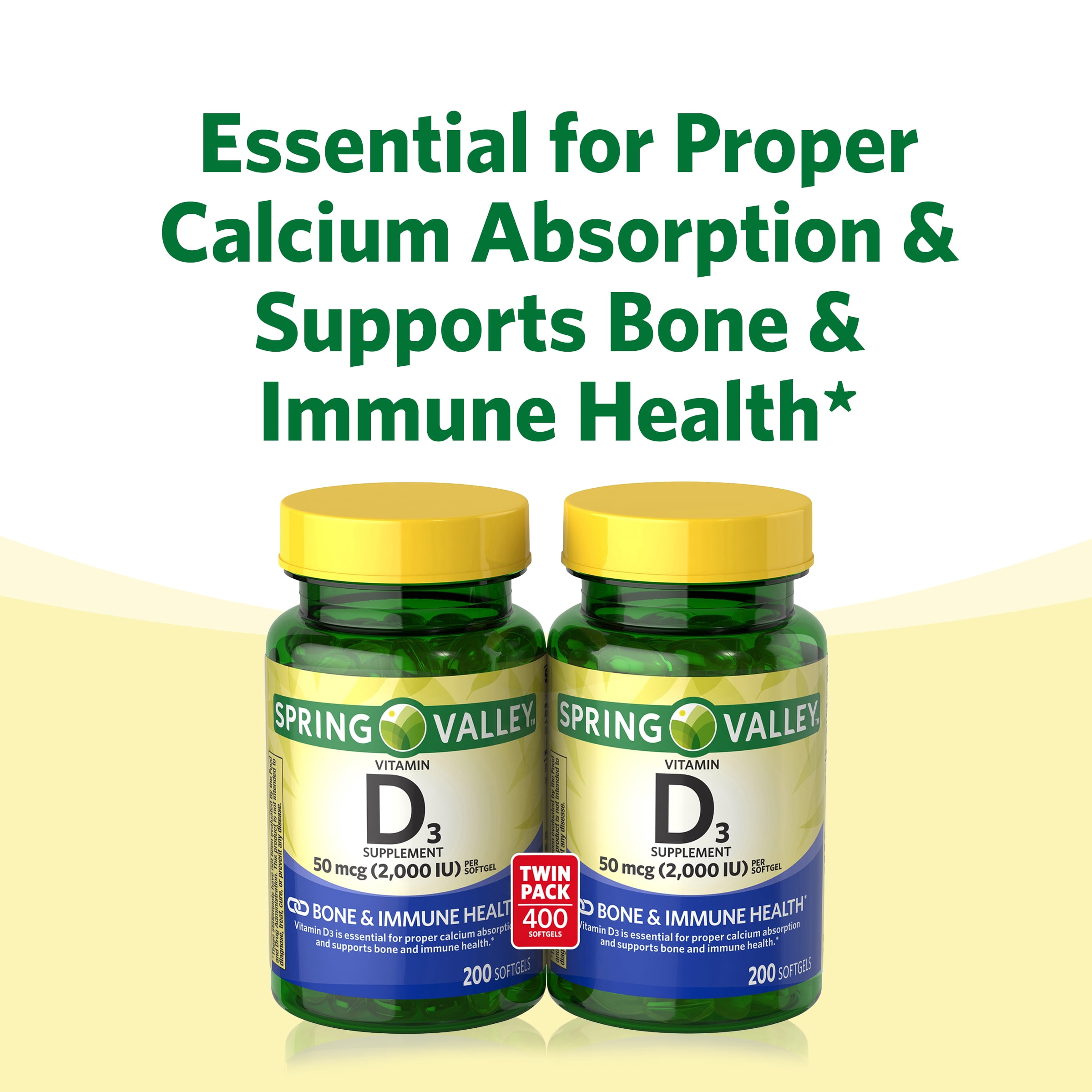 Spring Valley Vitamin D3 Supplement Twin Pack, 50 mcg, 200 Count, 2 Pack