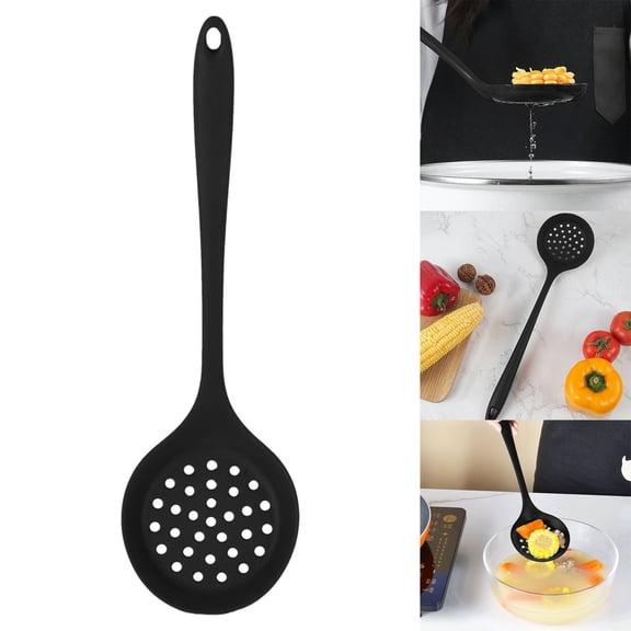 Food Grade Silicone Scooping Colander - Non-Stick Oil Filter Spoon with Dripping Grid for Kitchen Utensils - Black