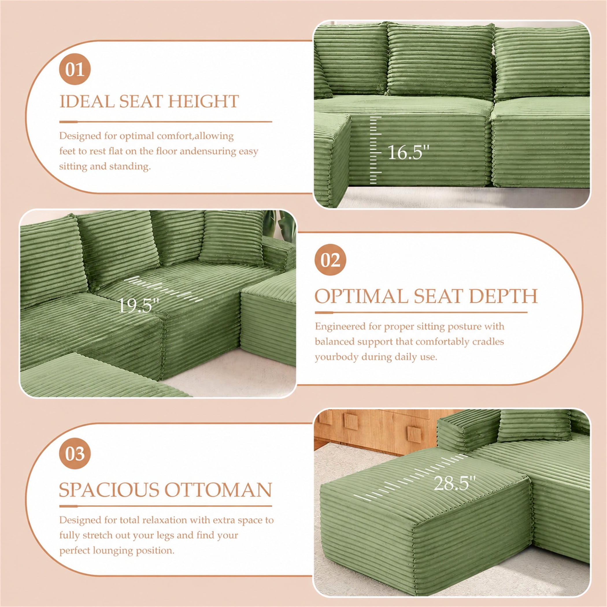 Aukfa 115" Cloud Sectional Sofa U Shape Modular Boneless Couch for Living Room, 2 Ottoman&Pillows, Corduroy, Green