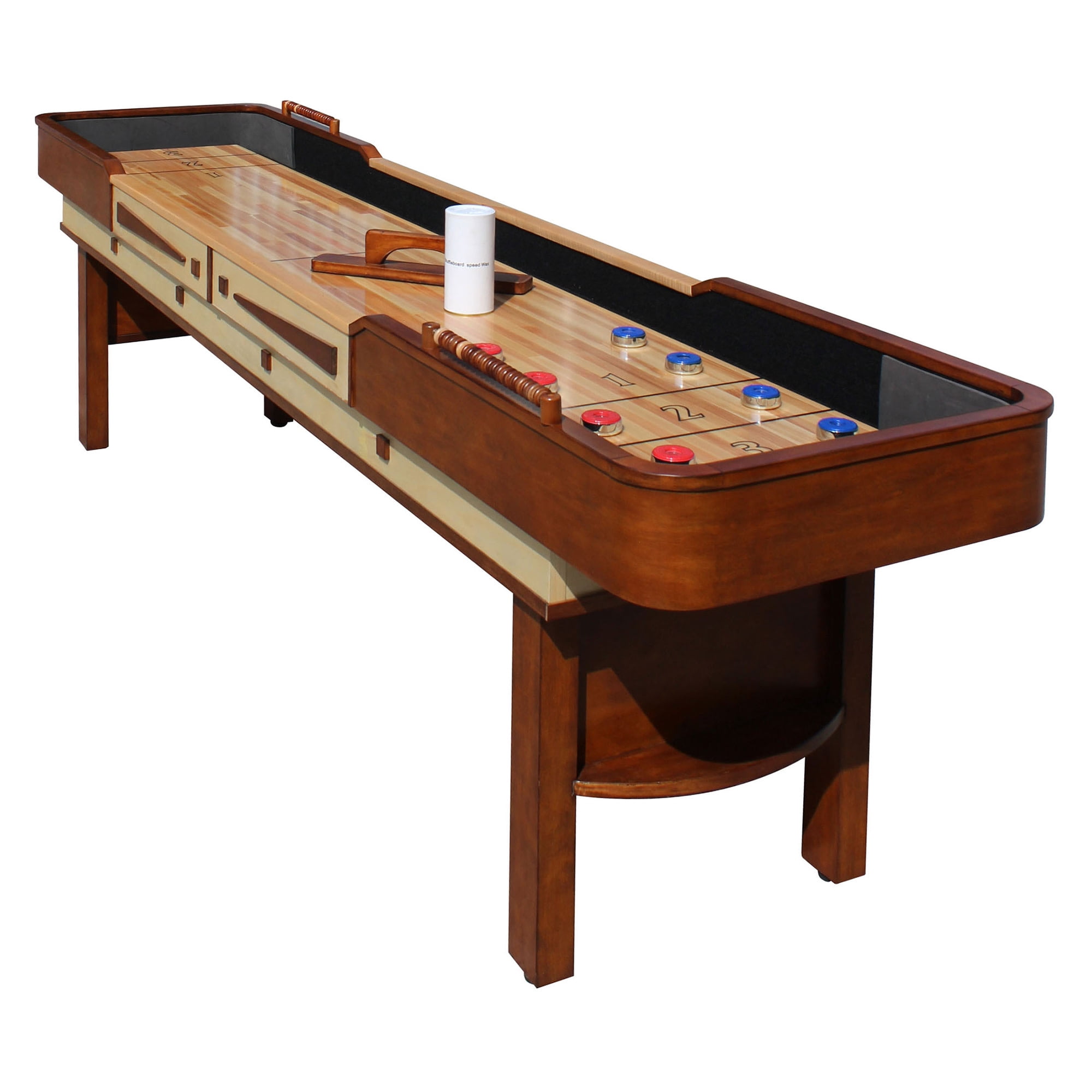 Hathaway Merlot 12 Foot Shuffleboard Table for Family Game Room - with Lacquer Coated Playfield, Built-in Scorer and Cabinet, Climate Adjusters, Leg Levelers, 8 Pucks, Brush, and Wax - Walnut Finish