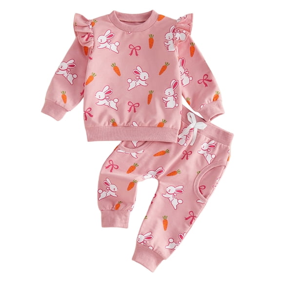 YDFCWXW Toddler Baby Girl Easter Outfit Bunny Carrot Print Long Sleeve Ruffle Sweatshirt Pants Set 2Pcs Infant Spring Clothes (Red, 18-24 Months)