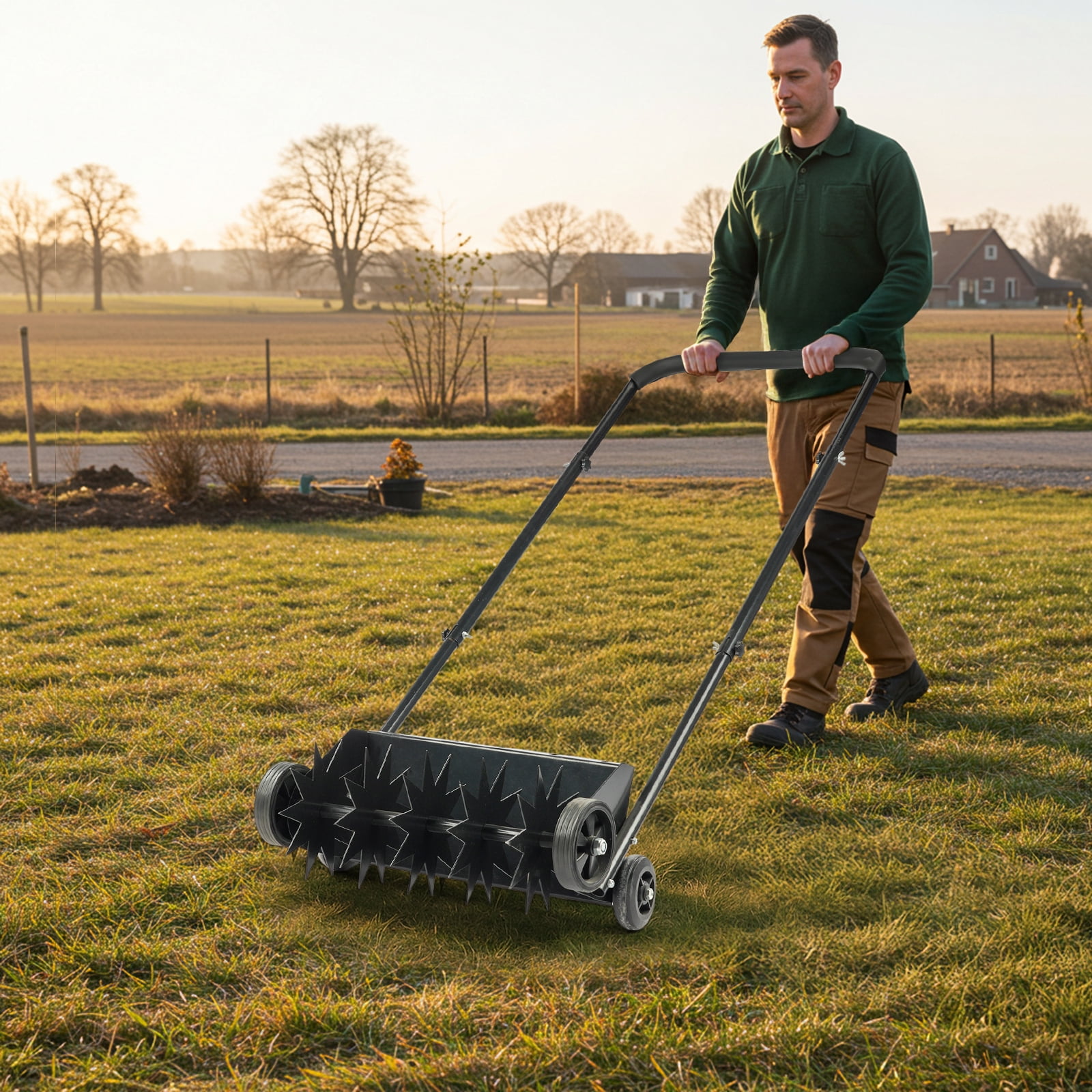 Zimtown 19in Manual Push Spike Lawn Aerator, Heavy Duty w/ Weight Tray & U-Handle for Yard, Black