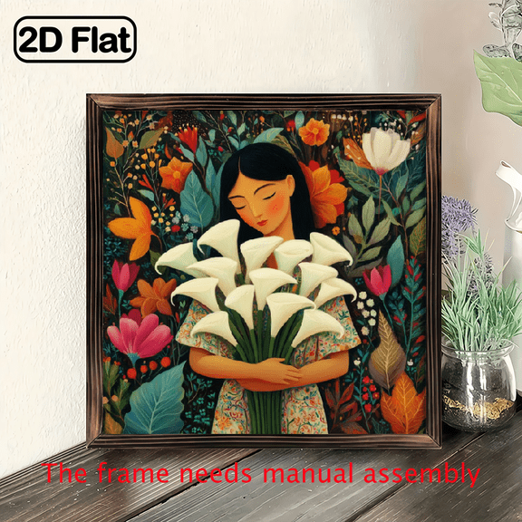 1pc, Charming Woman Holding Bouquet of Calla Lilies Art Wooden Sign 8x8 Inch Framed Mexican Style Decorative Wall Art with Vibrant Floral Design, Perfect for Farmhouse, Bedroom, Office Decor
