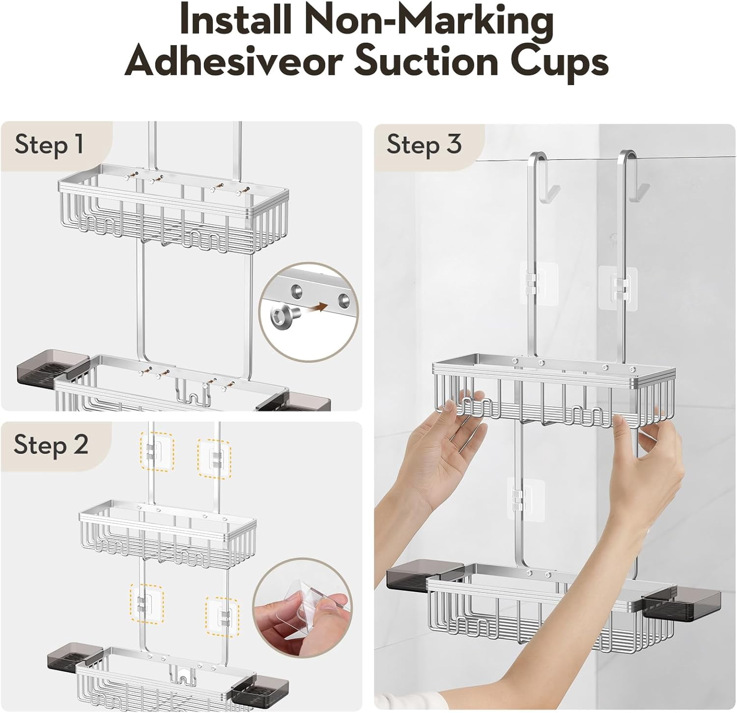 Over the Door Shower Caddy Hanging With Double Soap Holder Never Rust Hanging Shower Caddy With 4 Hooks Hanging Bathroom Organizer No Drilling Shelves for Bathroom Storage Silver