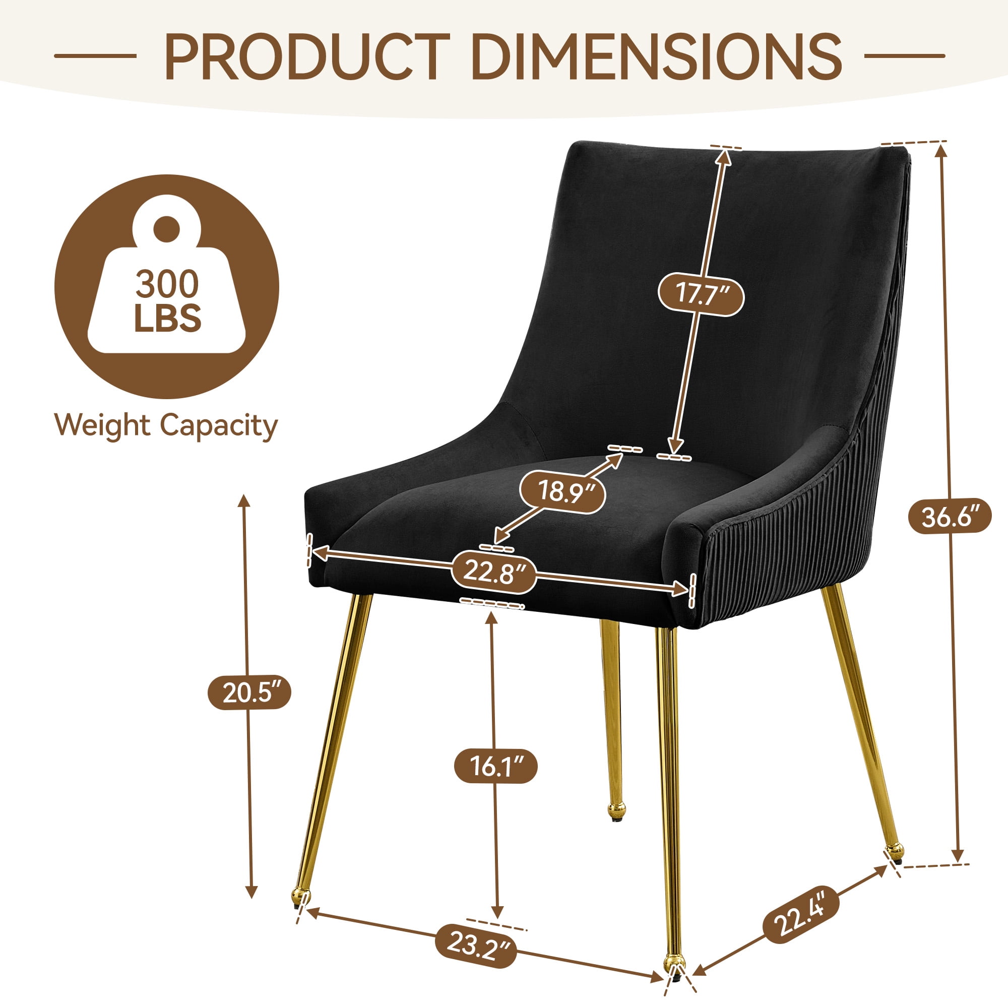 Velvet Dining Chairs Set of 2 with Gold Legs, Upholstered Accent Chairs, Pleated Back & Gold Pull Handle, Mid-Century Modern for Dining Room, Kitchen, Living Room, Black