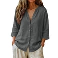 thumbnail image 7 of Duoif Women's V Neck Button 3/4 Sleeve Linen Blouse Loose Fit Solid Color Summer Top 2026, Dark Gray, XXL, 7 of 7