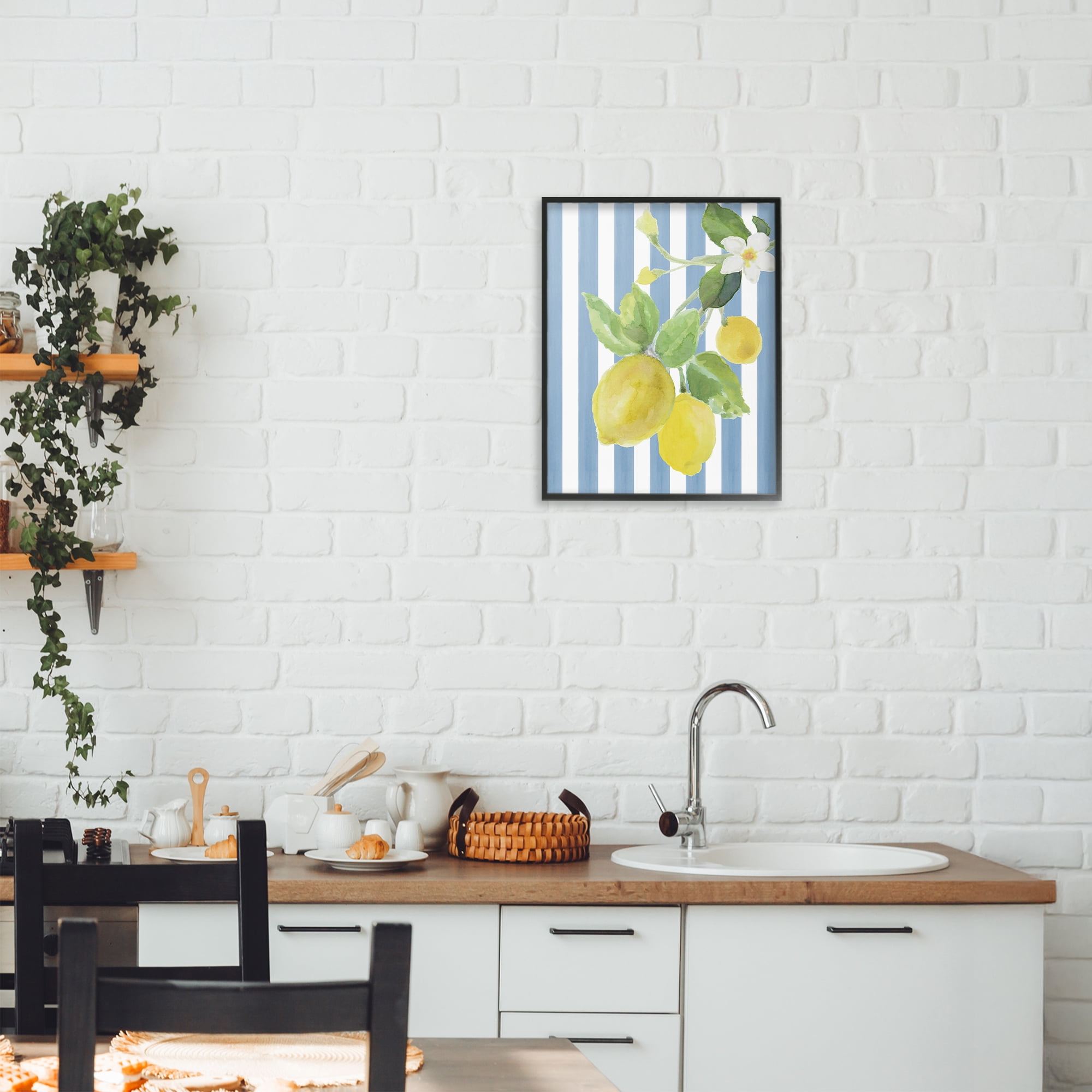 Stupell Industries Lemon Blossom on Blue Stripes Black Framed Giclee Art, design by Lanie Loreth