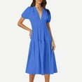thumbnail image 6 of Women's Deep V Neck Puff Short Sleeve Tiered Dress Elastic High Waist Flowy A Line Midi Dresses, 6 of 9