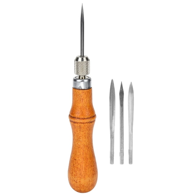 Punzón de costura manual multifuncional 4 en 1 con mango de madera para manualidades de cuero