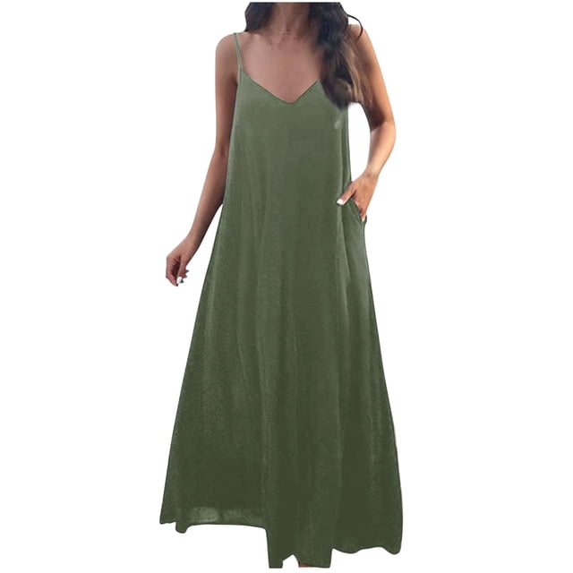 AherBiu Robes d'Été pour Femmes Sans Manches à Col en V Plongeant, Robes Maxi Fluides, Plage Bohème, Vacances, Longue Robe