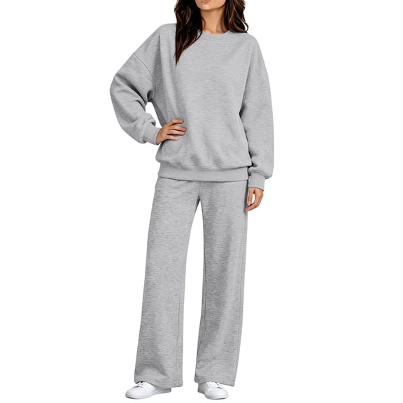 Stralyhd Two Piece Womens Sets Travel Vacation Long Sleeve Outfits 2026 Fall Wide Leg Sweatsuit Fashion Casual Lounge Sets Gray L