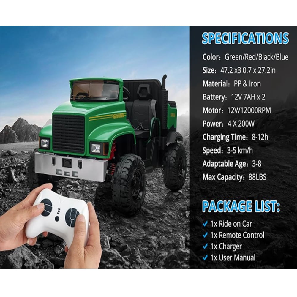 Yesfashion 12V Ride on Car 7AH *2 Farm Ride on Truck UTV Vehicles with 4x200W Motors ATV,Spring Suspension,3 Speeds,2 Seater Ride on Toys Green