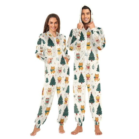 Adult Christmas Onesie Cat and Christmas Tree Zipper One-Piece Pajamas Unisex with Pockets