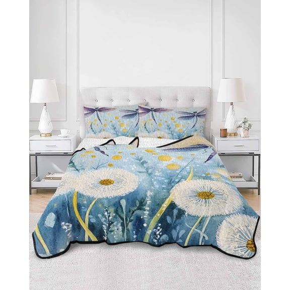 Quilts Twin XL Size, Spring Summer Floral Soft Comforter Bedding Set for Bed, Watercolor Summer Dragonfly Lightweight Quilted Bedspread with Pillow Cover(2 Pieces) for All Season, 68x98 Inch