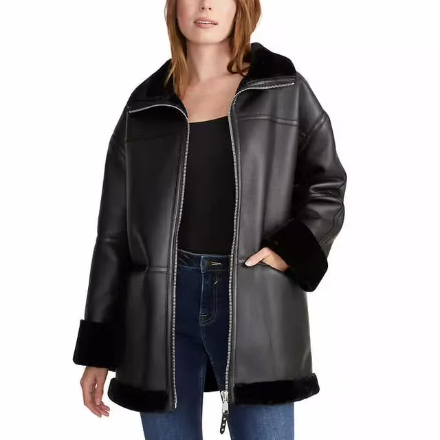 Rebecca Minkoff Women's Aux Black Leather Car Coat Jacket (Black/Large)