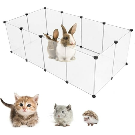 Pet Playpen, Portable Plastic Small Animal Pen,DIY Wire Fence for Hamster, Puppy, Rabbit, Rat, Guinea Pig, (12 Panels, 14" * 14", Translucent )