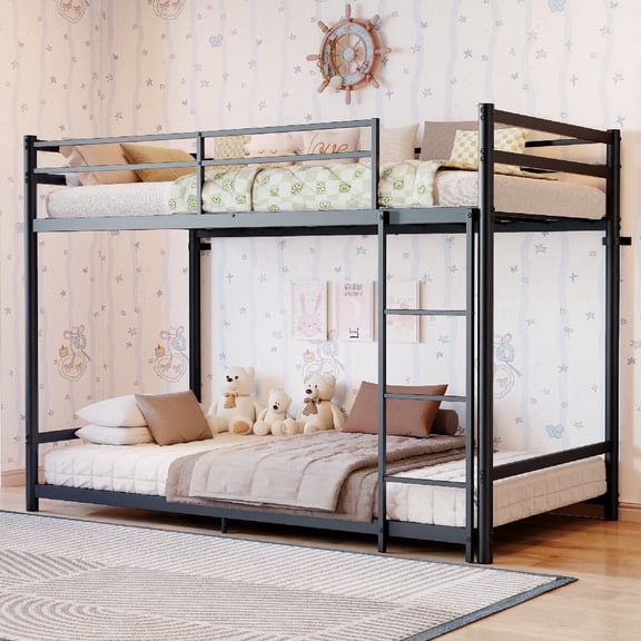 Twin Over Twin Metal Bunk Bed Frame with Safety Guardrails and Ladder, Heavy Duty Space Saving Bed for Kids Teens Bedroom, No Box Spring Needed, Mattress Sold Separately