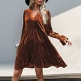 thumbnail image 6 of Xdegoge Velvet Dress for Women Long Sleeve V Neck Flared Dresses Casual Solid Color Gown Loose Fashion Versatile Outfits for Party, Commuting, 6 of 10
