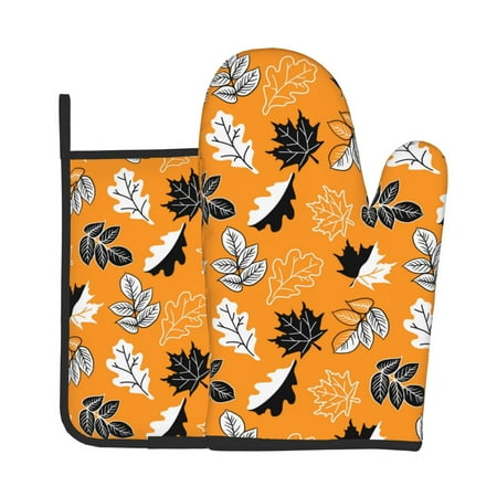 

Zeuib Bold Black and White Leaves Orange Print Oven Mitt & Pot Holder Set 2-Pack Kitchen Gloves and Hot Pads for Cooking BBQ Grilling Baking