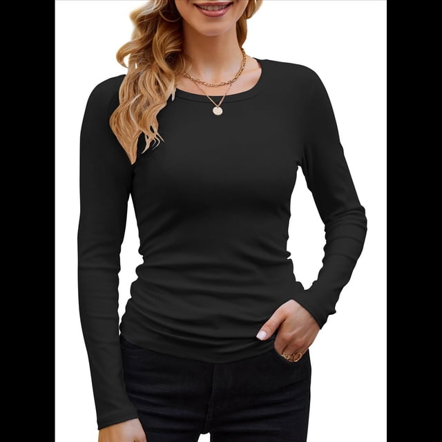 Camisetas Básicas Ajustadas Informales de Cuello Redondo y Larga Acanaladas para Mujer Negro XL