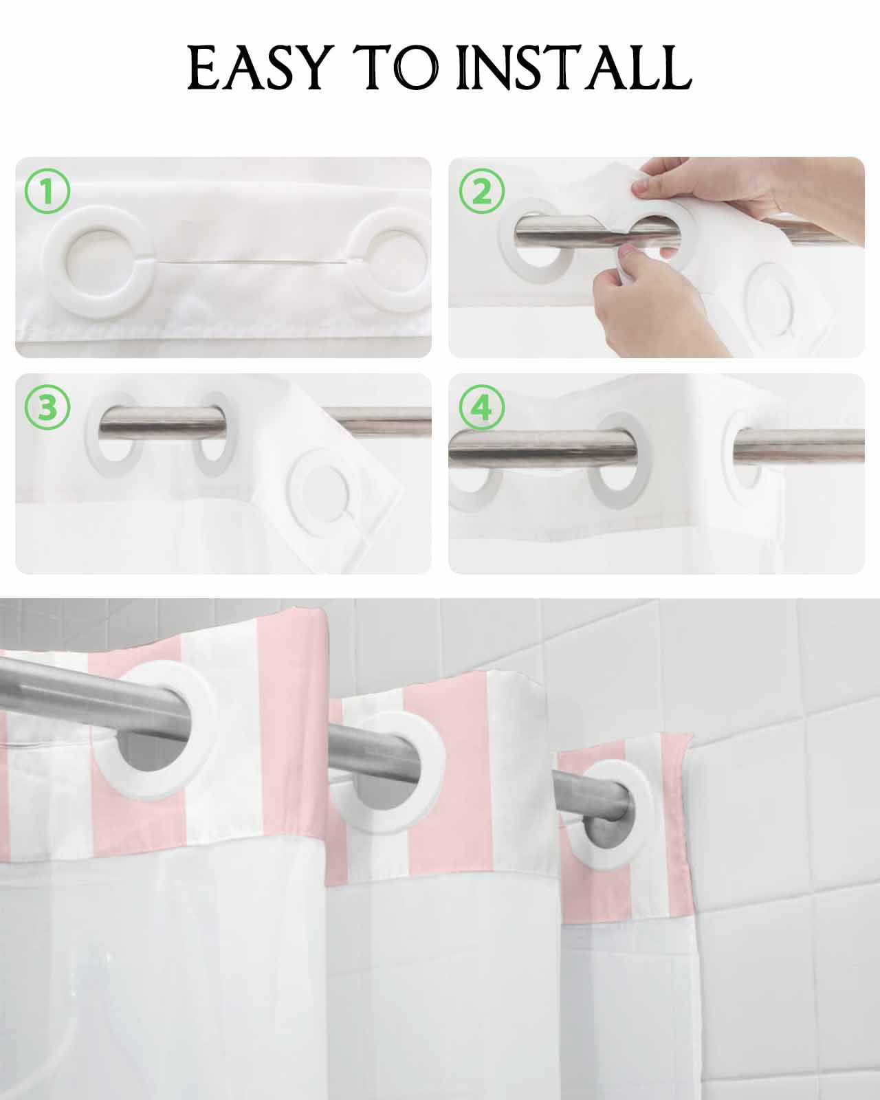 No Hook Shower Curtain with Snap in Liner, Pink and White Striped Geometric Hotel Shower Curtains for Bathroom, Washable Shower Curtain Liner Set with Mesh Top Window, 72"x72"