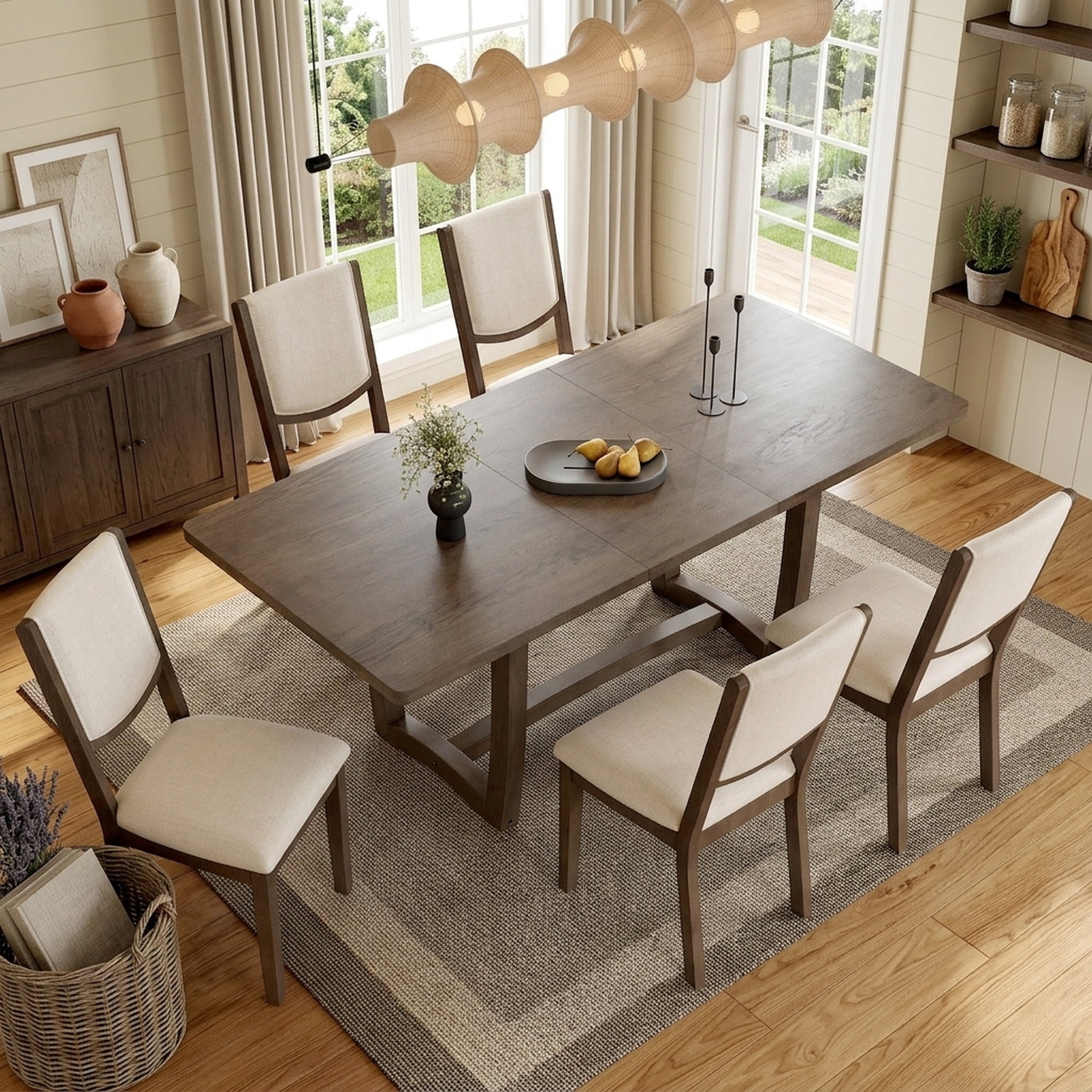 FFZ 7-Piece Extendable Dining Table Set with 6 Upholstered Chairs Solid Wood Espresso