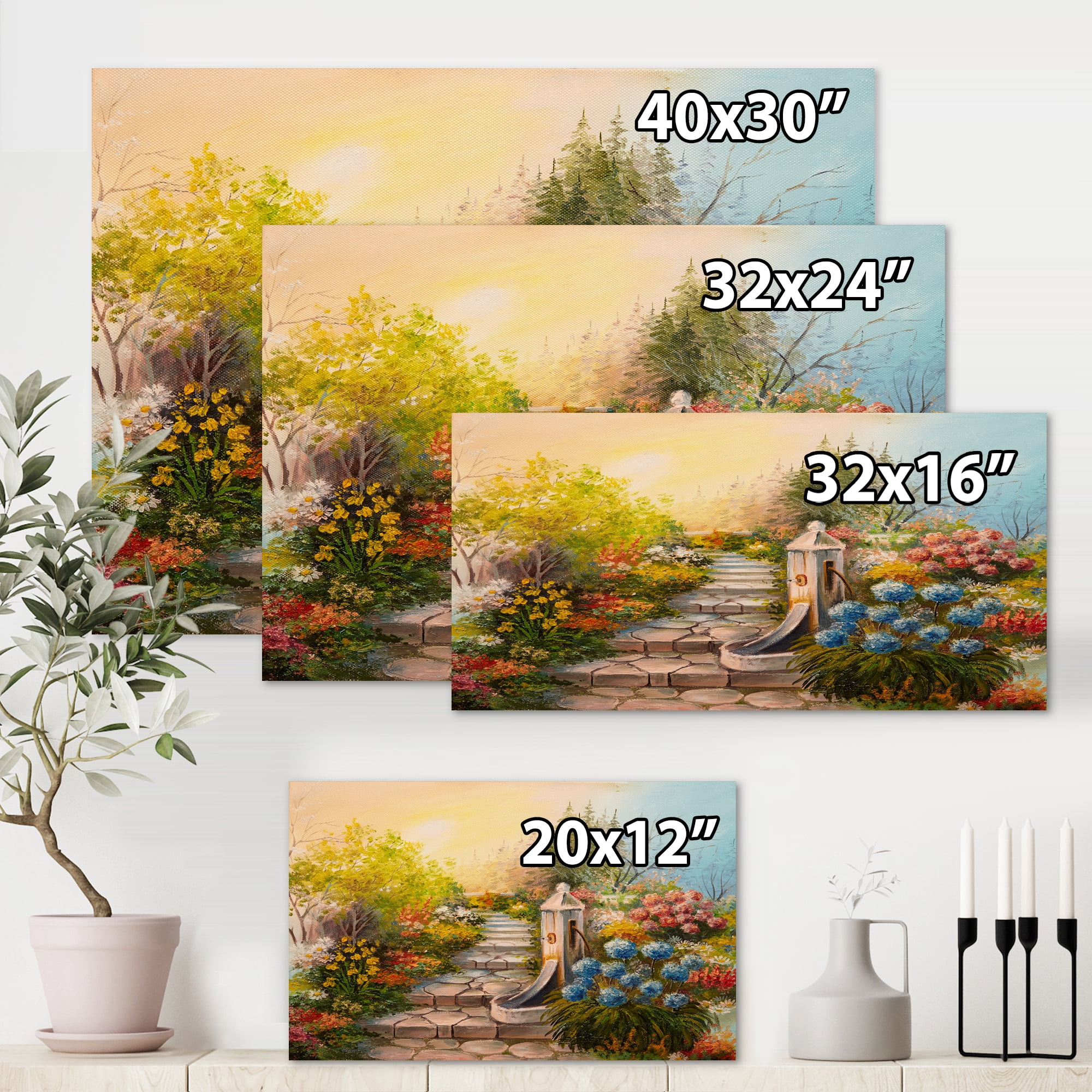 Designart ' Stone Stairs In The Blossoming Flowers Forest ' Traditional Canvas Wall Art Print