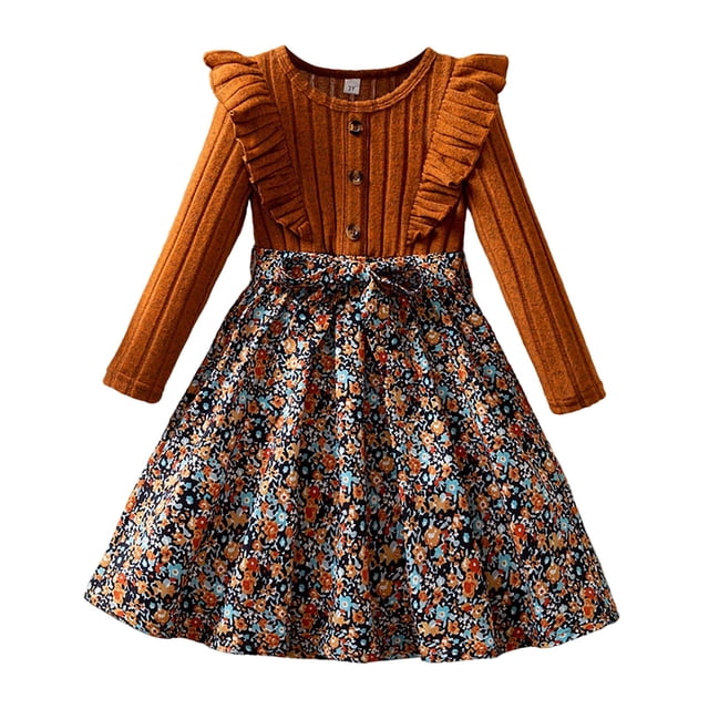Robe Décontractée pour Petite Fille Robe de Fête pour Fille Robes pour Fille Taille Tout-Petit 5 Petites Robes 5t Automne Hiver Manches Longues Manches Volantées Robe de Fête à Imprimé Floral pour et Célébrations Brun 6-7 Ans