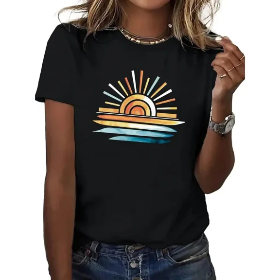 Tropical Vacation Tops - Watercolor Sunset & Wave Design Soft Cotton Relaxed Fit T-Shirt for Casual Beachwear & Resorts