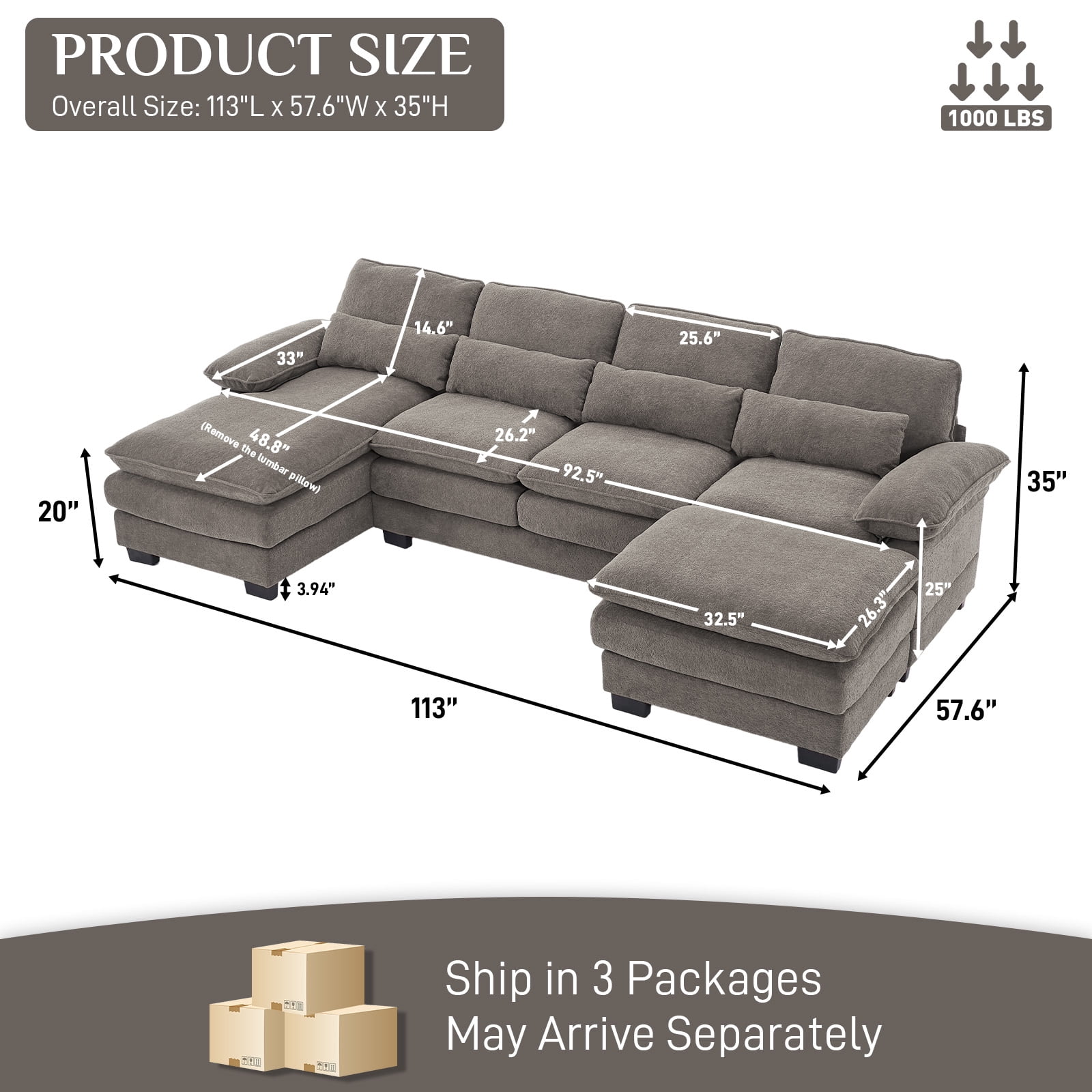 Wiilayok 113" U Shaped Sectional Sofa with Chaise Lounge and Ottoman,Chenille Modular Sectional Sofa Couch for Living Room,Cloud Grey