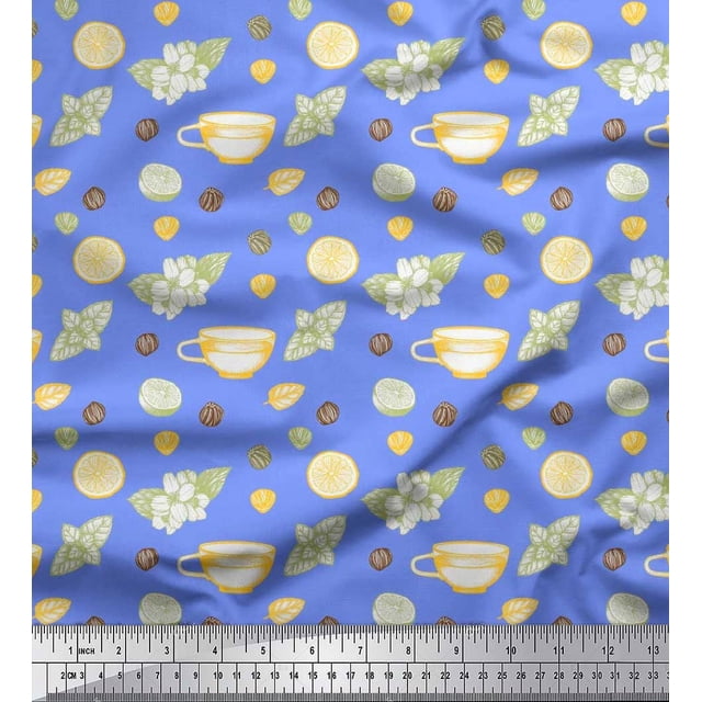 Soimoi Blue polyester Crepe Fabric Floral,Tea Cup & Lemon Slice Vegetable Fabric Prints By Yard 42 Inch Wide