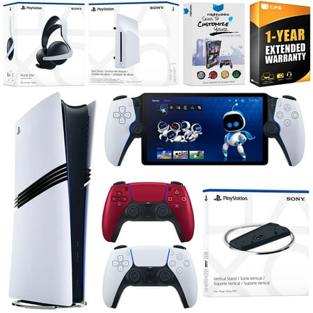 Sony PlayStation 5 Pro Digital Bundle with Disc Drive, Stand, Extra Controller, Pulse Elite Headset, PlayStation Portal, MightySkins Voucher and 1 Year Extended Warranty - Volcanic Red