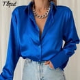 thumbnail image 2 of Mujeres 2022 elegante satén sólido blusas de manga larga mujer Chic Vintage azul verde Casual suelta ajuste botones abajo camisas Tops Tan Jianjun unisex, 2 of 2
