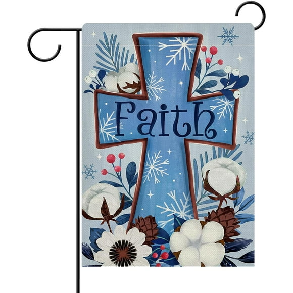 Queilt 2 pieces Christian Winter Faith Cross Decorative Garden Flag, Religious Cotton Flower Blue Yard Outside Home Decorations, Christmas Seasonal Burlap Outdoor Small Decor Double Sided 12 x 18