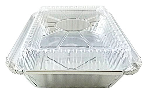 Pactogo 2 lb Oblong Aluminum Foil Take-Out Pan with Clear Dome Lid Disposable Containers 8.44 x 5.94 x 1.75 Pack of 50 Sets 