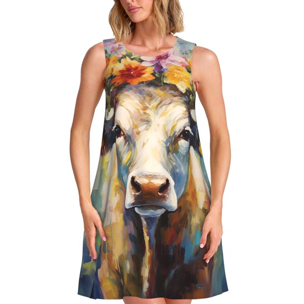 Balery Oil Painting Flower Cow Vestidos de verano para mujer con estampado: vestido holgado sin mangas, vestido playero informal y cómodo para días calurosos.
