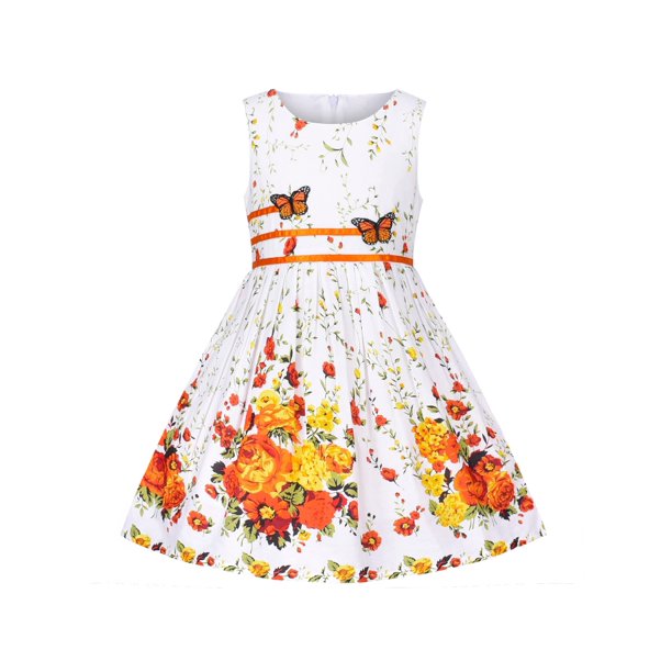 Vestido de Niña Bordado Floral Mariposa Moño sin Mangas Naranja 9-10 Años