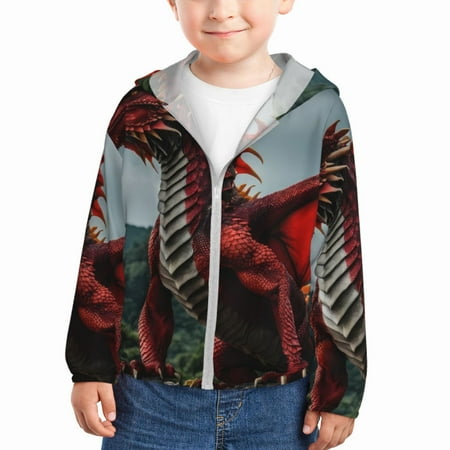

Gaeub Majestic Red Dragon Print Athletic Sun Protection Hoodie for Kids Long Sleeve Outdoor UV Shirt Running Fishing Top for Boys Girls-4 Years